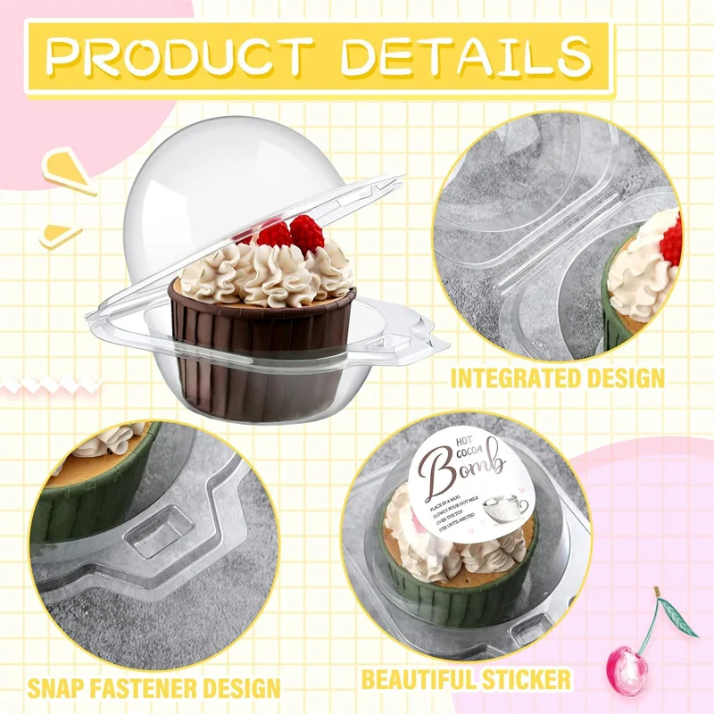 Hot Cocoa Bomb Disposable Plastic Cupcake Boxes Individual Chocolate Bomb Rectangle Clear Container with Printed Pattern Cookies