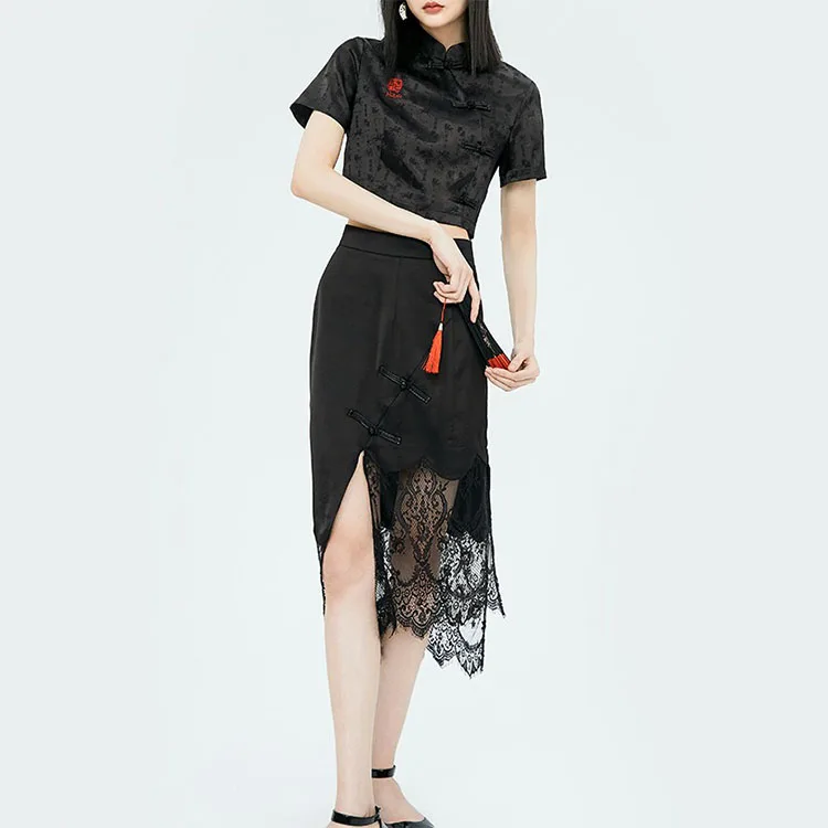 Black high-waist skirt spring/summer 2021 new lace patchwork irregular buttock long skirt for women