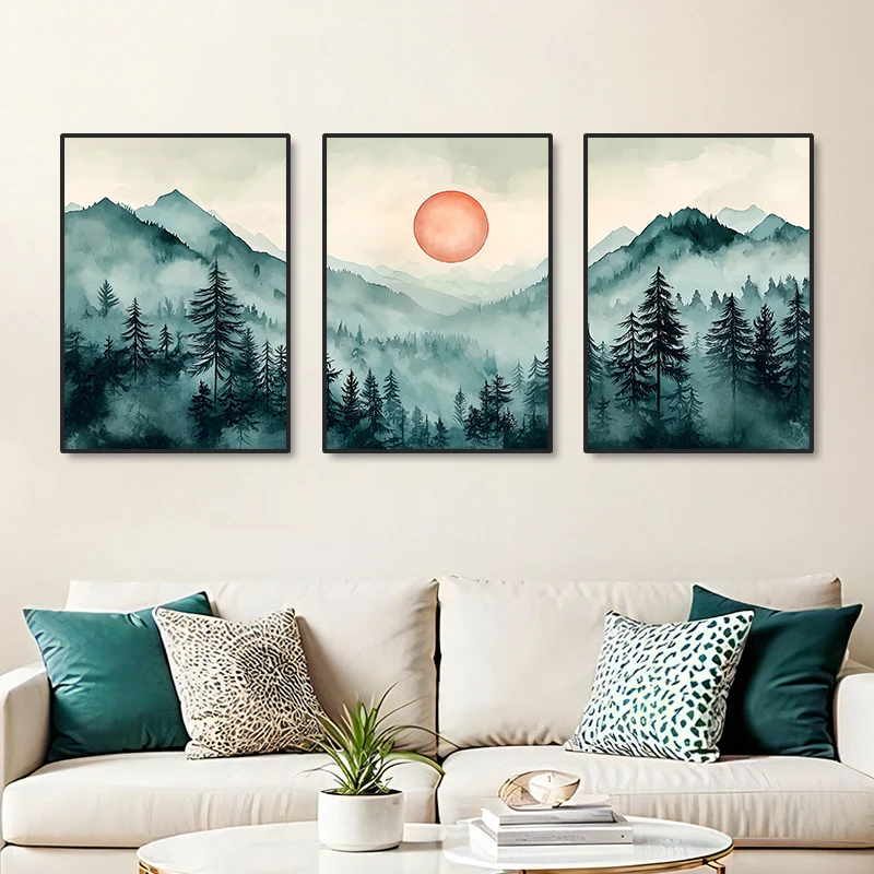 New Custom SpringVitality Green Woods Mountains Water Sun Frame Canvas Poster and Picture for Wall Art Decoration