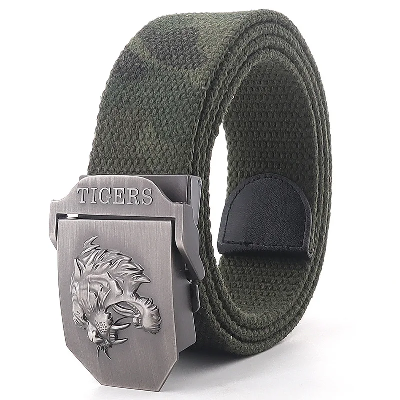 Manufacturers Customized Logo Canvas Fabric Metal Tiger Head Buckle Lengthened Belt Youth Outdoor Trousers Canvas Tactical Belt