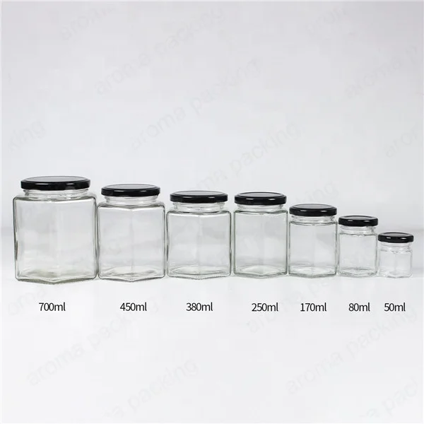 Wholesale 30ml 50ml 60ml Clear Glass Storage Jar Hexagon Kitchen Glass Bottle Round Glass Honey Jar  With Gold Lids