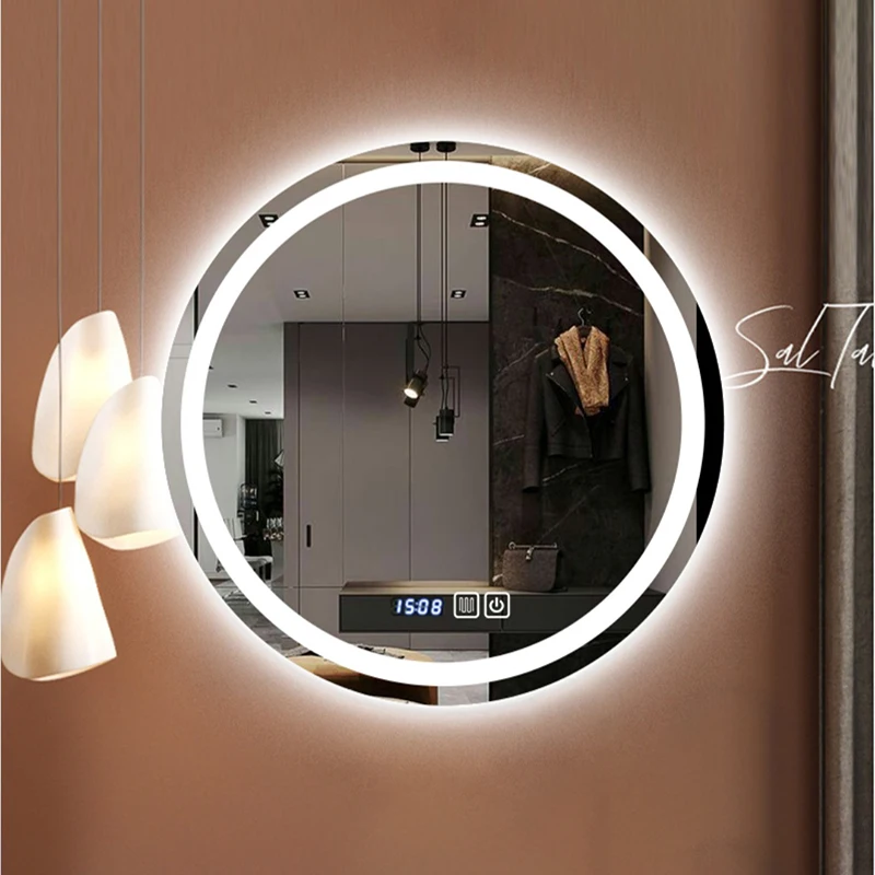 Screen Touch Control Bathroom Mirror LED Lighted Anti-fog Explosion-proof Round Mirror for Hotel Home adjustable light