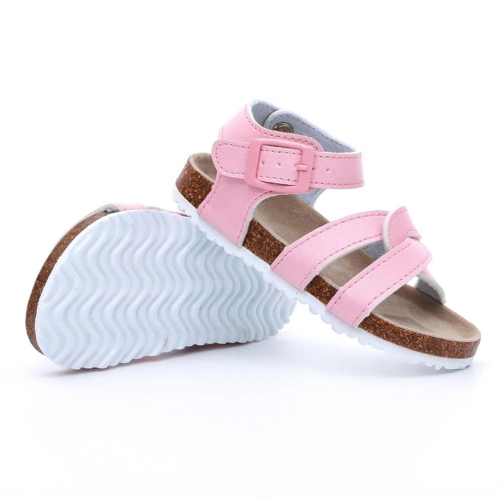 High Class Quality Girls Pink Flat Cute Sandals for Toddler Kids Children with Soft Cow Leather Insock Cork Sole Foot-bed