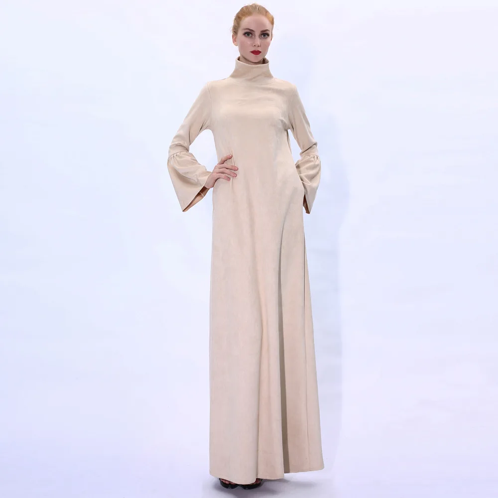 2024 New Design Autumn Winter Wear Plain Color Stand Collar Flare Sleeve Suede Turkish Abaya Modest Dress for Islamic