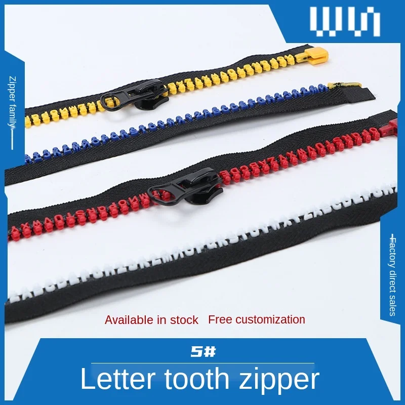 5#8#Letter tooth resin zipper Track teether tooth zipper Contrast color colorful English text tooth plastic zipper long chain