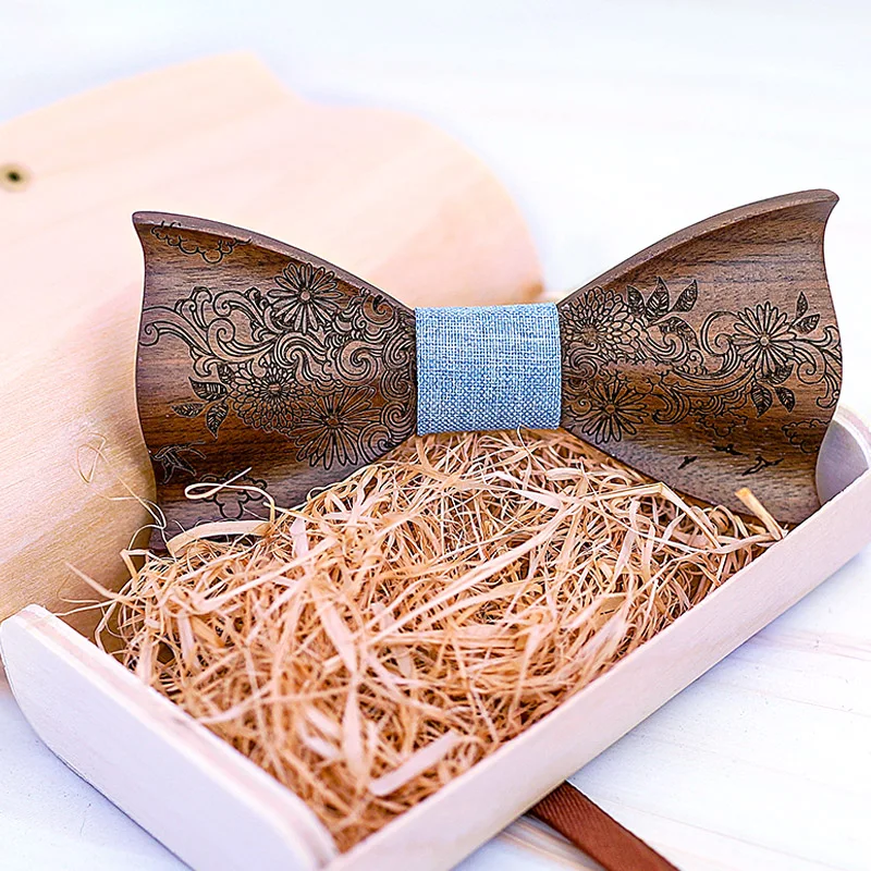3D Wood Bowtie Handkerchief Cufflinks Sets for Mens Suit Wooden Bow Tie Bowknots Wedding Party Ties Cotton Engraving Cravat