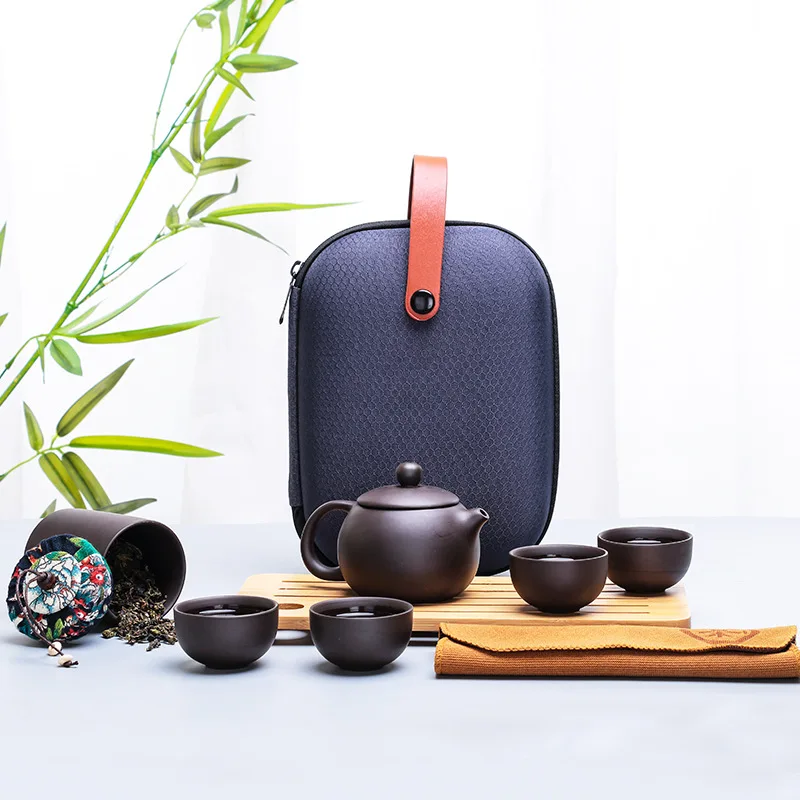 Portable ceramic travel Kung Fu with bag gifts 4 cups one tea canister and tea pot porcelain tea set