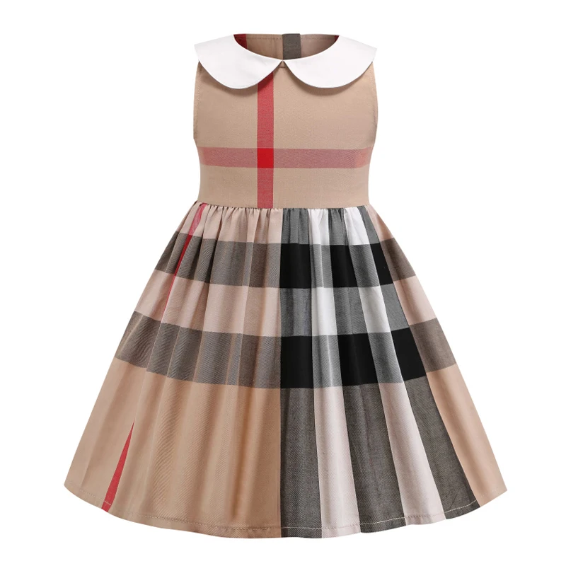 High quality Children Clothing summer 100%cotton plaid  kids girls sleeveless peter pan collar dress for 3t-7 years old