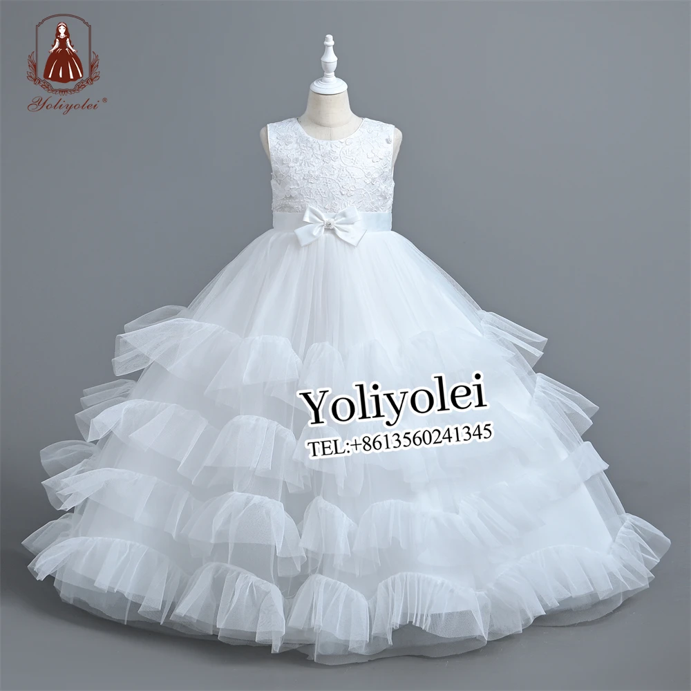 Outong Luxury Design Children Dress Multi-layer Mesh Embroidery Sleeveless Elegant Long Girls Party Flower Girl Dresses