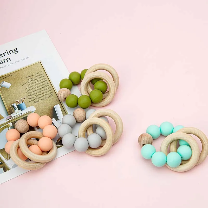 Mumlove Wholesale Wooden Baby Teething Toy Soft Bpa Free Food Grade Wooden Ring Silicone Beads Baby Teether