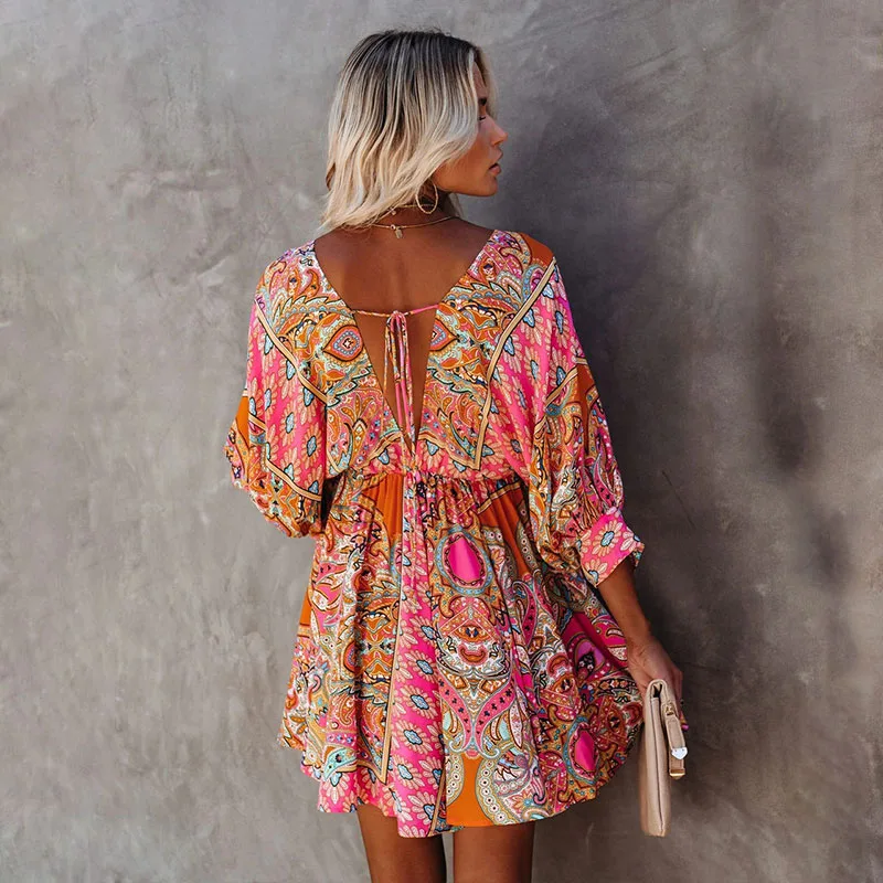 Boho Dress Women Bohemian Floral Printed Vintage V Neck Beach Party Chiffon dresses