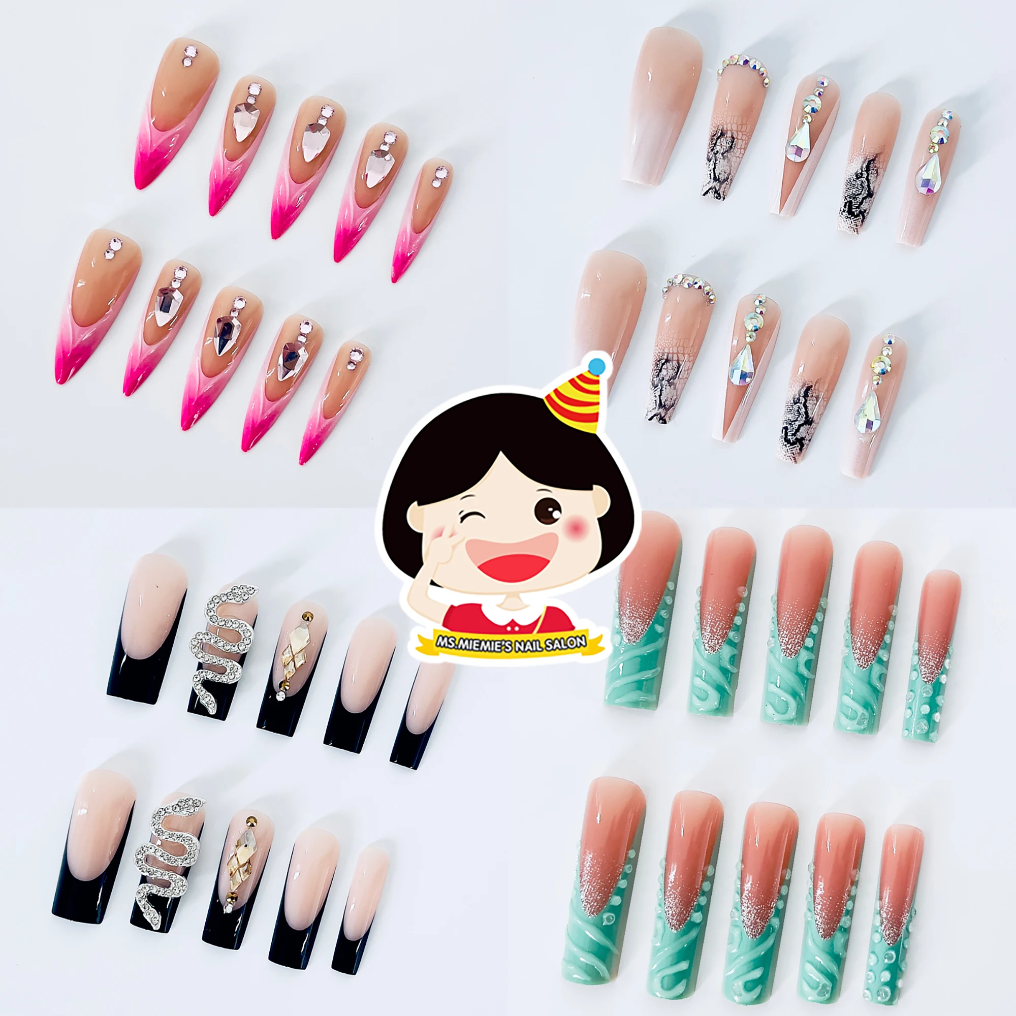 Ms.Miemie 24pcs Extra Long ABS Press Box Handmade 3D-Embossed Fancy Artificial Fingernails for Wholesale Finger Application
