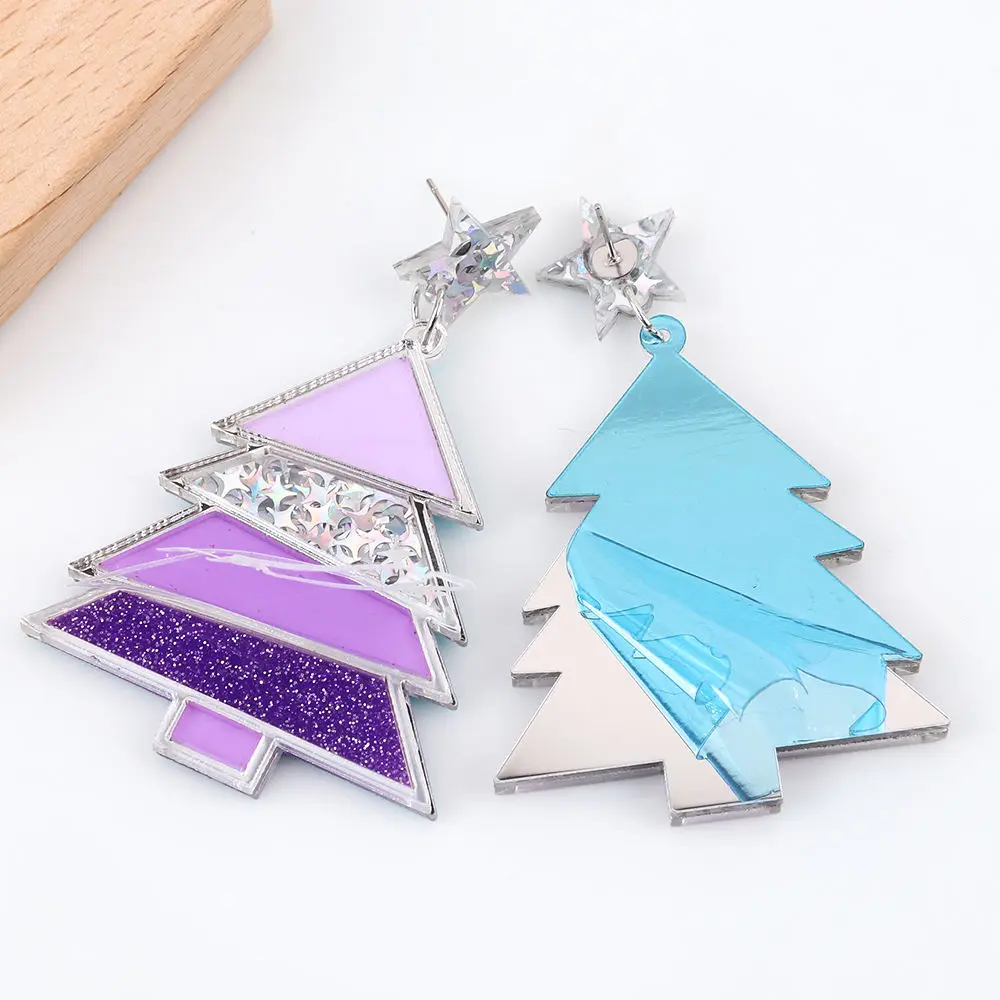 Ins Cute girly Jewelry Christmas glitter Star Moon Romantic pink purple colorful Mirror Christmas Tree earrings Gifts