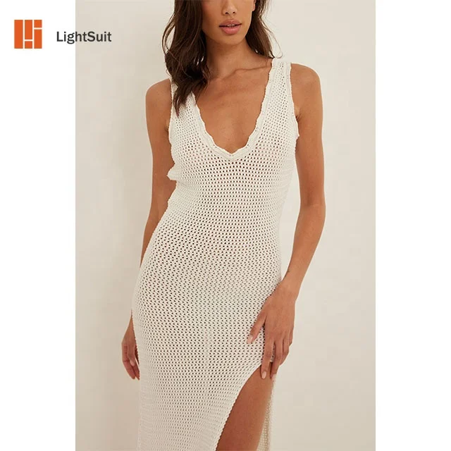 2023 New Arrival Custom LOGO Women Sexy Crochet Cover Up Long Dress Beachwear Knitted Mesh Swimsuit Beach Dress For Women