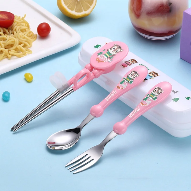 kids forks Training Chopsticks Flat Edge Stainless steel fork Spoon Grooved tableware Set with Case for Right-hand Children Kids