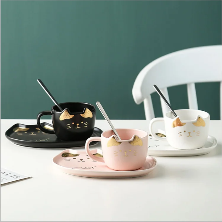 
Lovely matte kitten design coffee tea cup sets coffee ceramic mug with plate and spoon for tea time  (1600118013784)