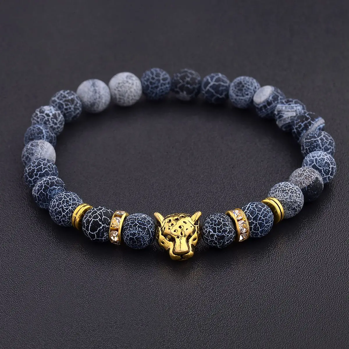 8mm Weathering Stone Leopard Head Beaded Bracelet For Men New Fashion Natural Stone Tiger Eye Onyx Lava Beads Bracelets