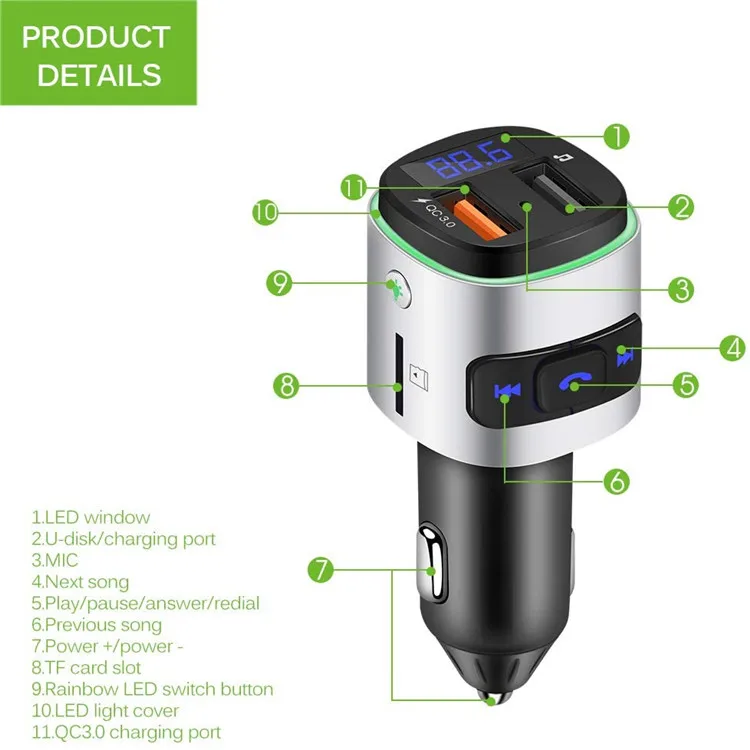 Wireless -Compatible USB Car Charger Fm Transmitter Hands-Free Calling Dual USB Port  QC3.0 Fast Charging