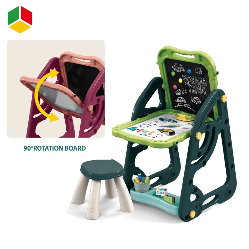 QS Wholesale Education Toy Double-sided Easel Stand Dry Erase Writing Painting Table Drawing Board With Chair Kids Gift Toys