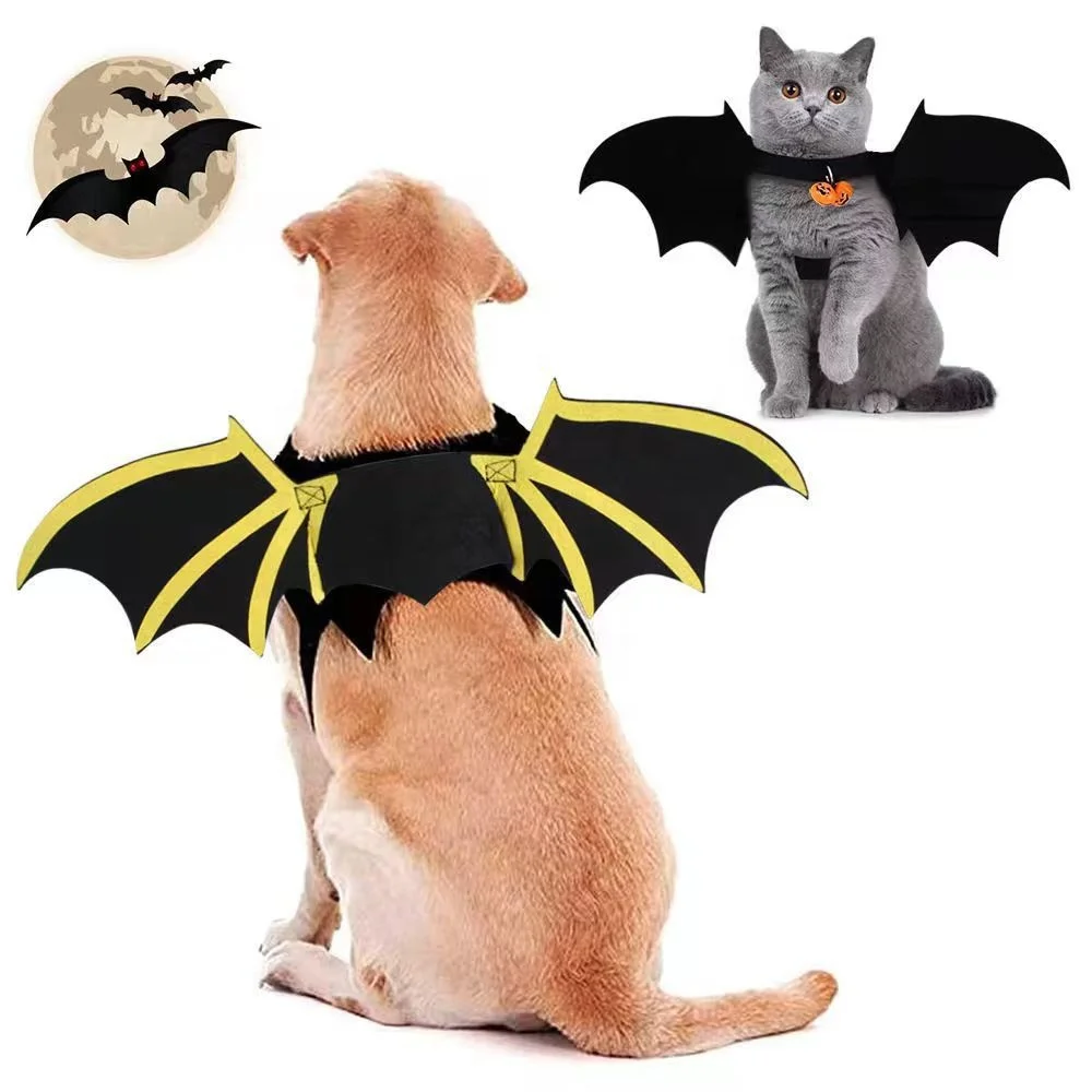Pet Creative Holiday Apparel Halloween Bat Wings Transformer Costumes With Bells Cat Prints Devil Wings