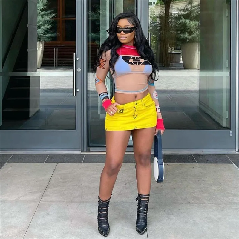 2023 Fashionable Custom Printed Graphic Sexy Long Sleeve Cropped T Shirt Mesh Top Women