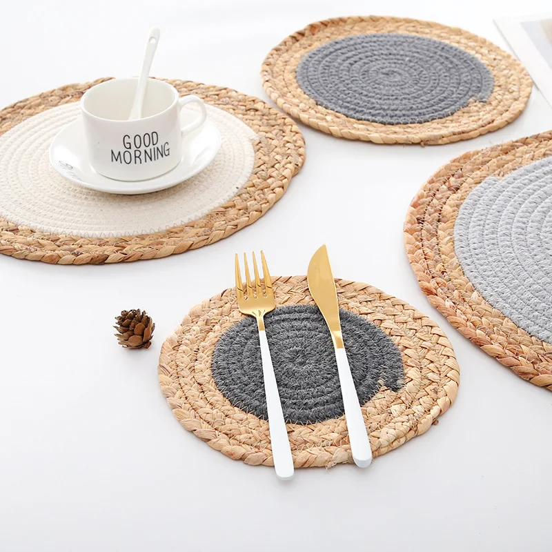 Straw round placemats Nordic minimalist style Handmade woven cotton woven mat water hyacinth cotton placemats