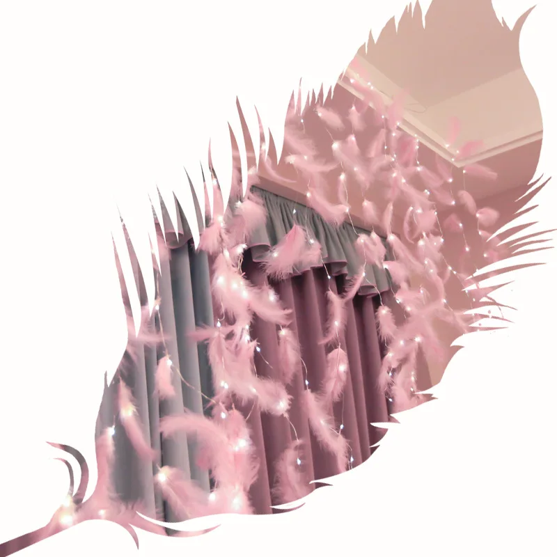 
The room is decorated with LED copper curtain decorative light string decorative feather remote control USB color series light 