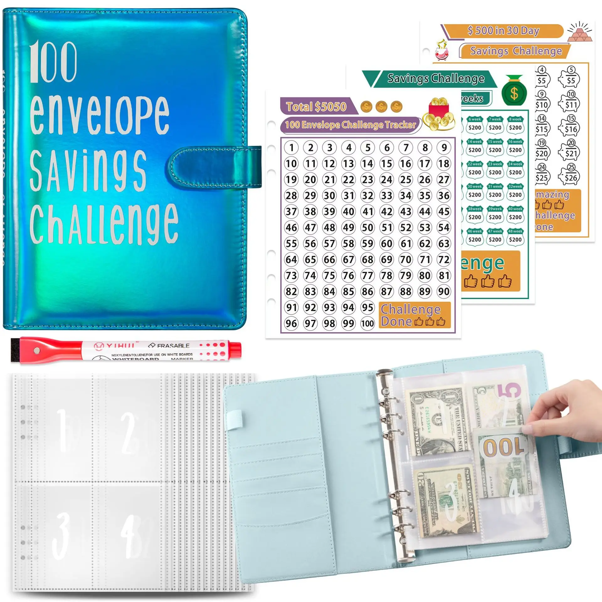 A5 kit budget binder 100 envelope saving challenge money book with numbered sleeves pockets sheet