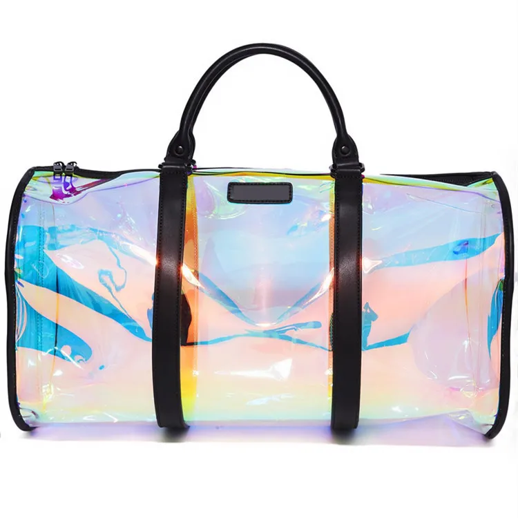 Custom large capacity women hologram clear pvc duffle bag holographic spend the night bags transparent beach bag