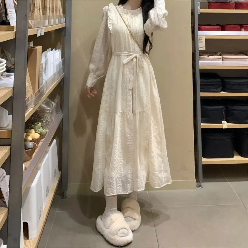 Customized Wholesale 100% Pure Polyester Casual High Waist A-Line Crew Neck Maxi Long Sleeve Lace Summer Belt Dress Solid Color
