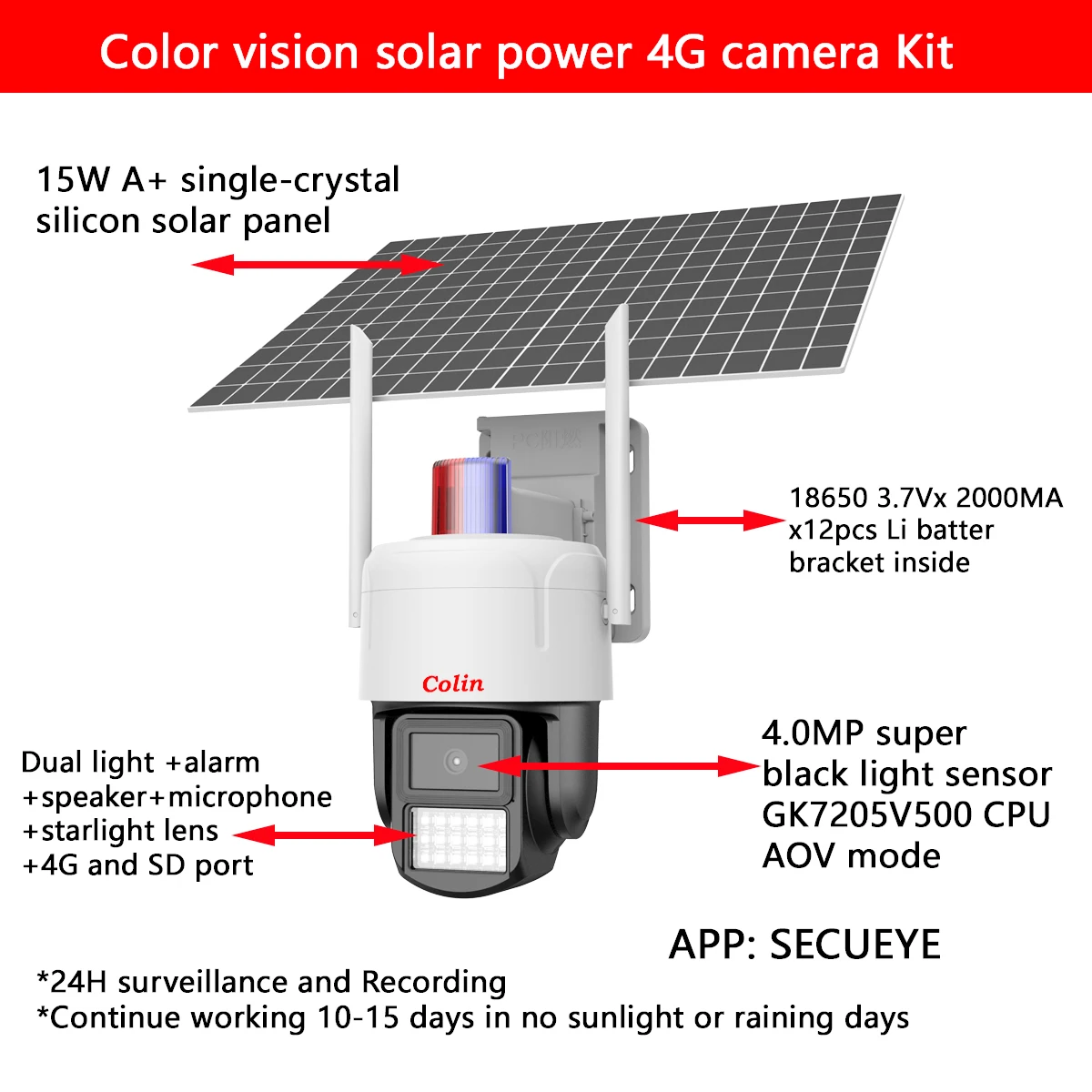 7x24H surveillance full color vision 15W panel 24000MA DC5V battery solar 4g cctv security sim card camera European USA version