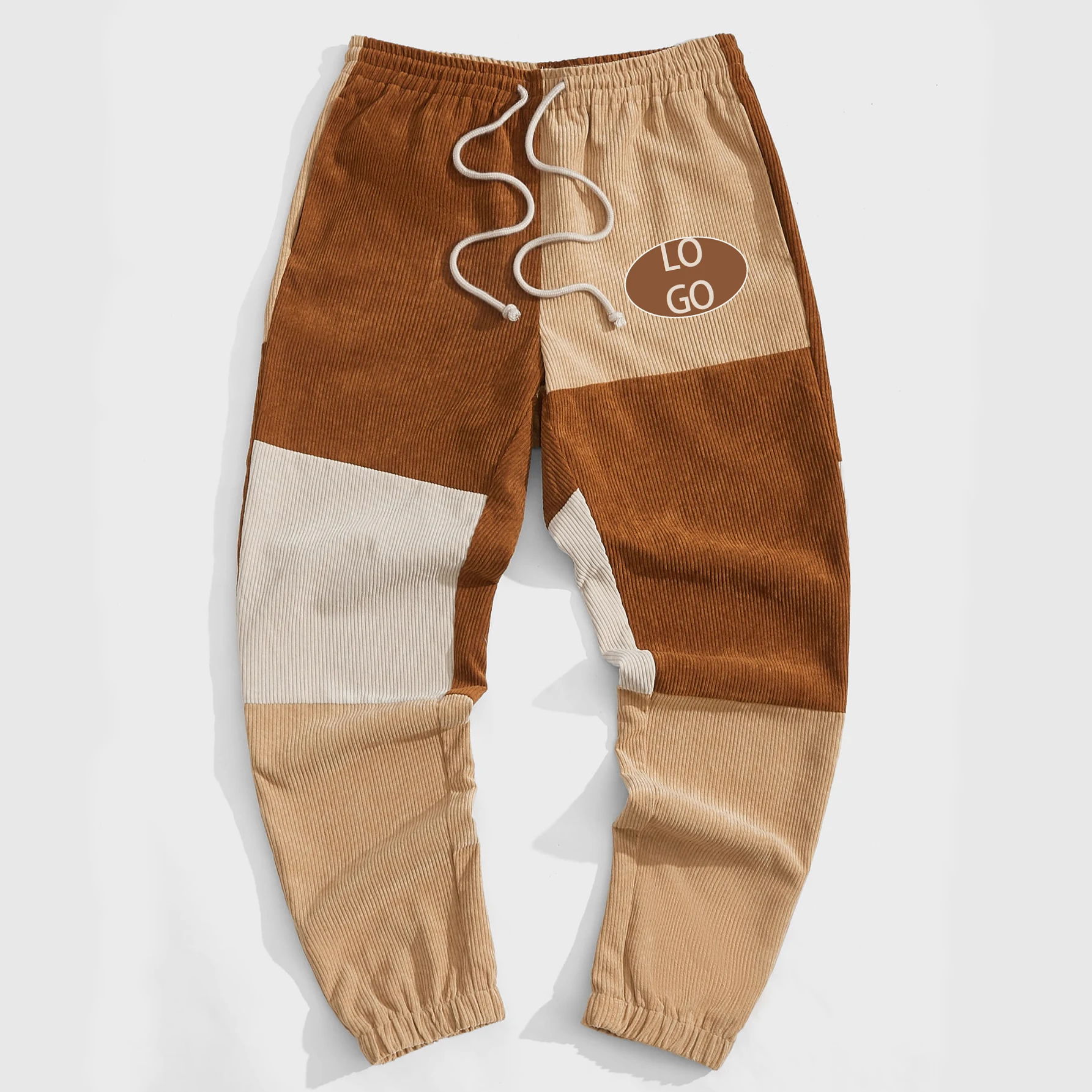 Коричневые повседневные вельветовые брюки оверсайз с вышивкой на заказ мужские и штаны для бега цветными блоками