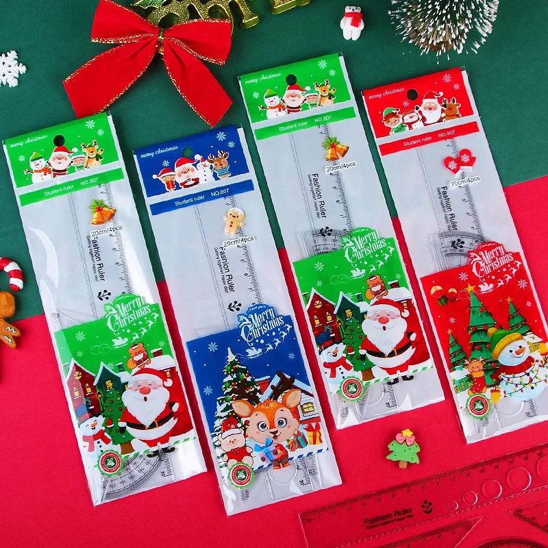 Cartoon Christmas Series Ruler Set Student Stationery Plastic Drawing Ruler Exam Four Piece Set For School