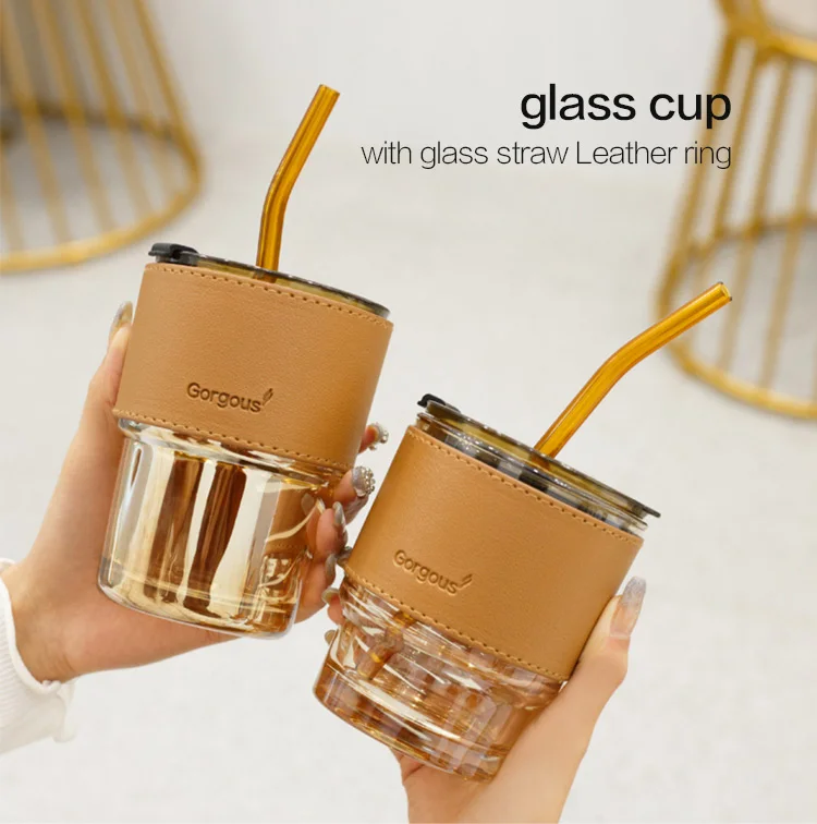 15oz glass coffee mugs travel tumbler with lid straw and Thermal insulation leather cover juice milk Water Drinking cup