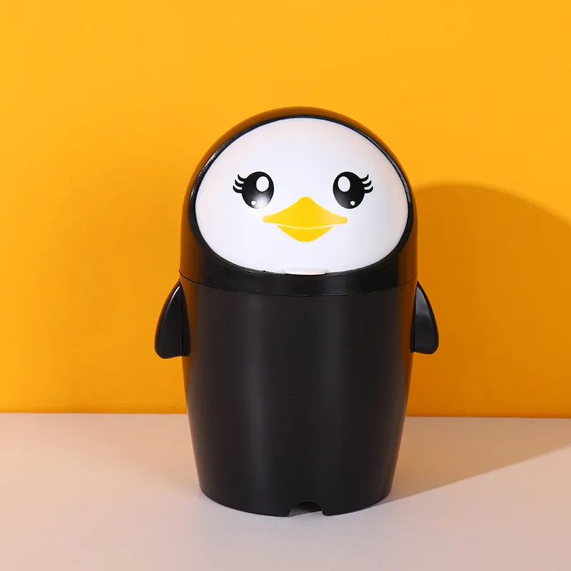 Office Penguin Mini Car Waste Bin Desktop Flip Top Dustbin Countertop Small Portable Plastic Trash Can