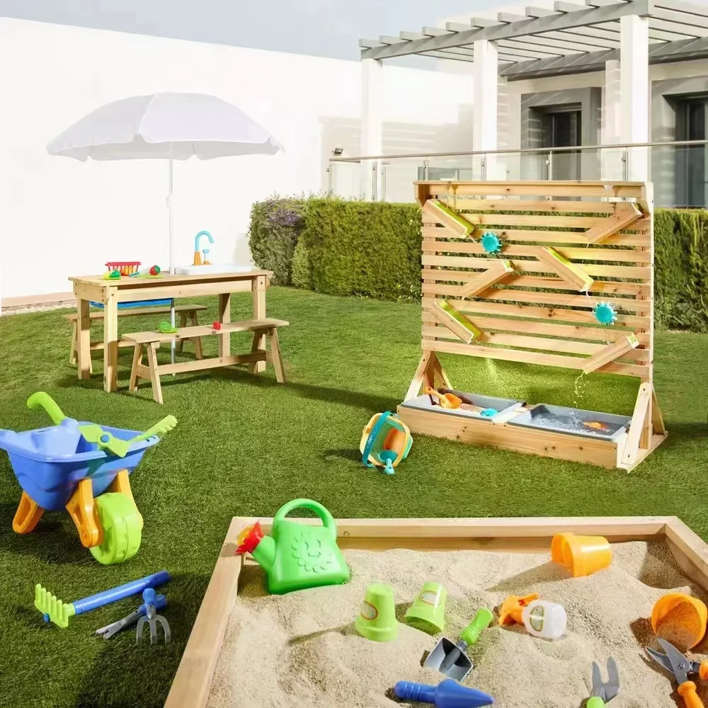 Kids 3-in-1 Outdoor Convertible Wood Activity Table Sand & Water Picnic Table with Umbrella Baby Furniture