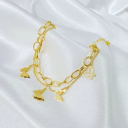 Low MOQ Double Layered Bracelet Oval Chain Cuban Link Chain Gold Bracelet Stainless Steel Butterfly Bracelet for Gift