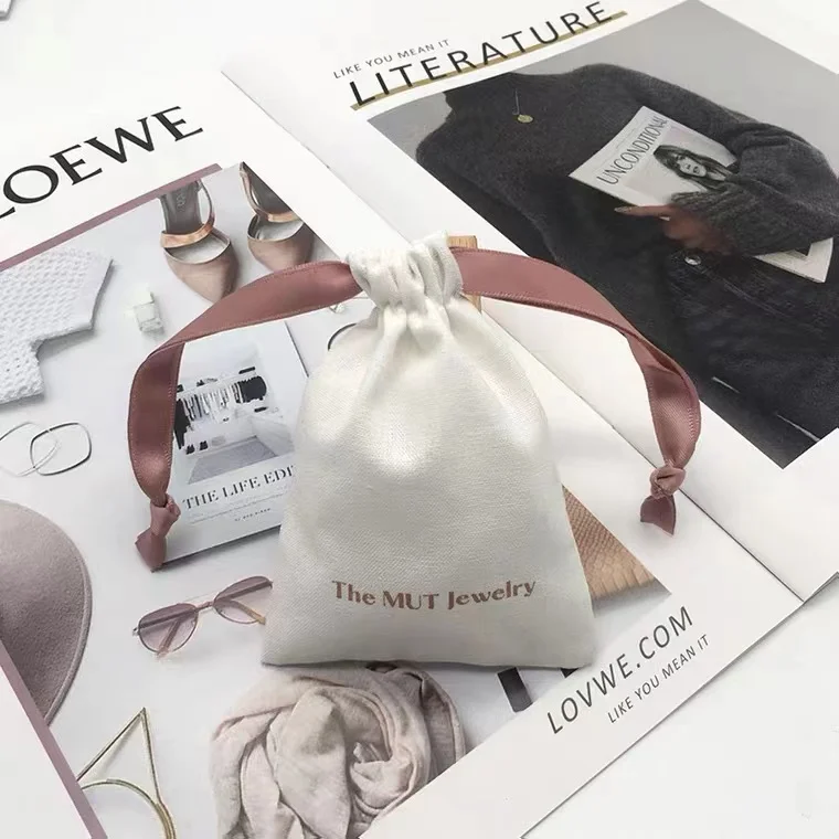 Wholesale Customized Logo Cotton Jewelry Bag Travel Pears and Jewels Pouch  Small Drawstring Bags
