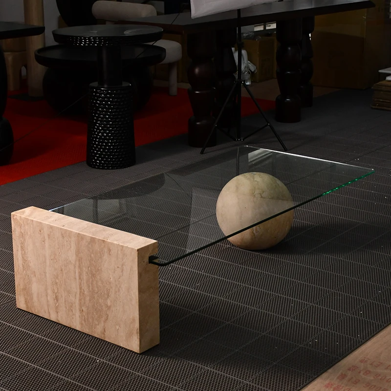 Italian minimalist natural stone tea table designer living room tempered glass small travertine coffee table