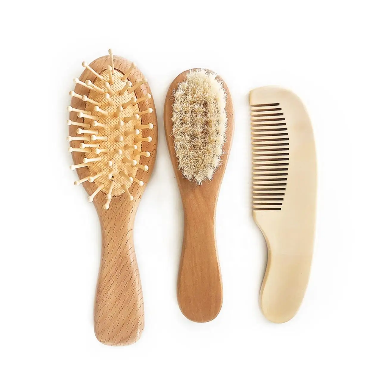 Wholesale Customized Logo 3pcs Eco-friendly Wooden Goat Bristles Newborn Baby Hair Brush and Comb Set