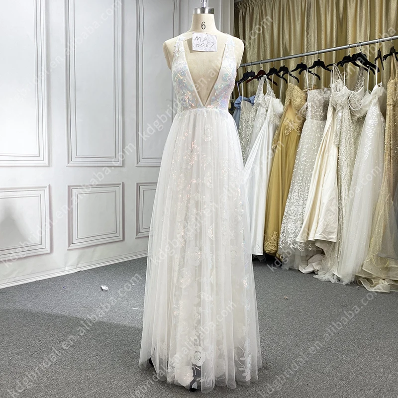 KDG Tulle long sleeves deep V-neck Straps A-line Full lace tulle Wedding Dresses Bridal High Quality Cutout Fine Printed Lace