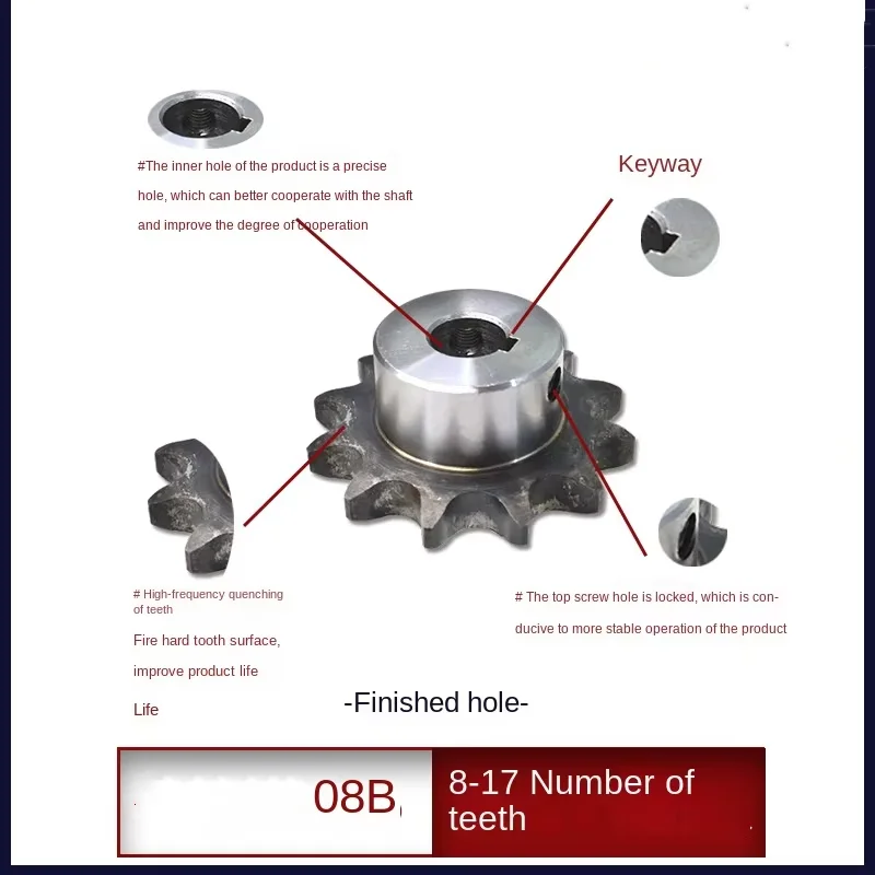 45# Steel Chain Sprocket Wheel Finished 08B8 Teeth 4 Points Transmission Variants 9/10/11/12/13/14/15/16/17 Teeth Machined