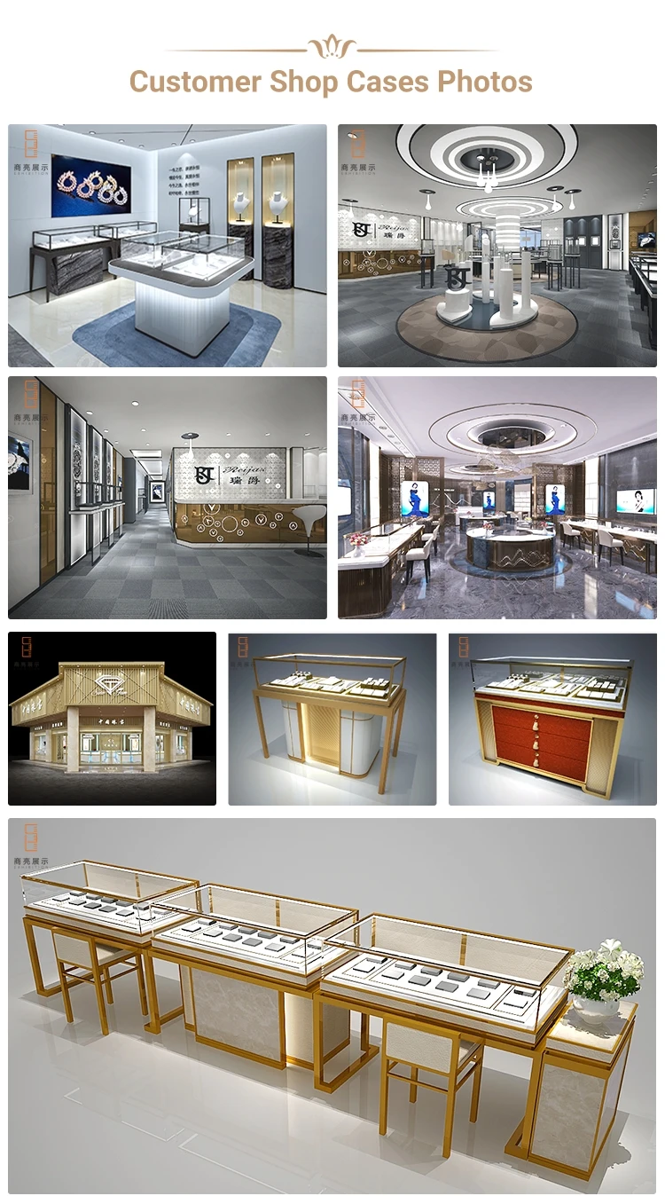 Wholesale Floor Standing Wooden Retail Clear Glass Jewelry Display Cabinets Pattern Paper Print L Shape Showcase With Led Lights