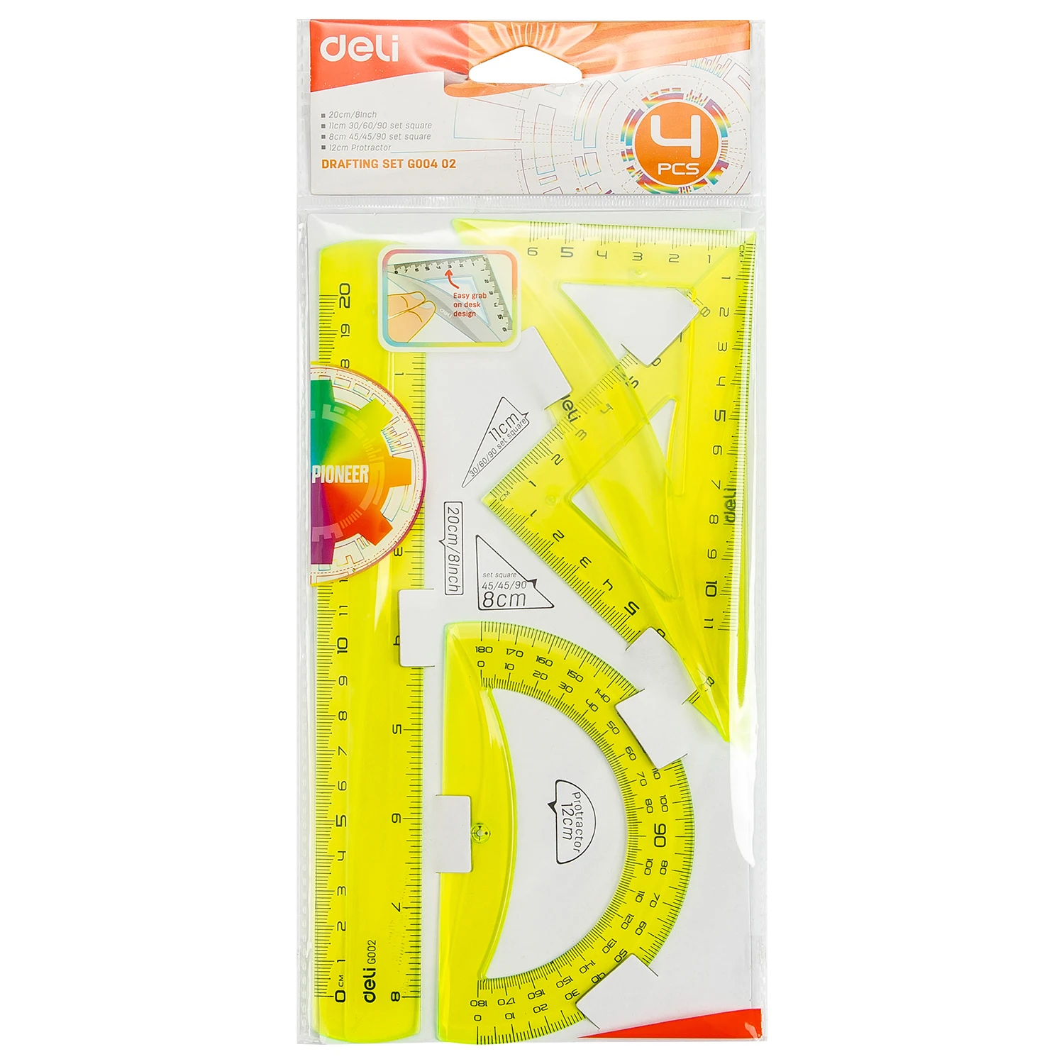 Reliable EG00402 Transparent color plastic four-piece ruler triangular ruler 20cm ruler protractor student drawing exam triangle
