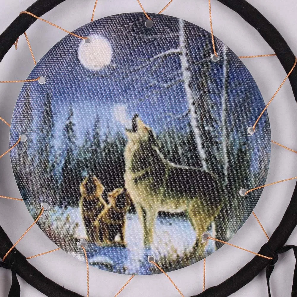 Wolf Printed Unisex Photo Frame Dream  Catcher 16 CM Double Rings For Wall Hanging With Natural Rooster Feather Home Decoration