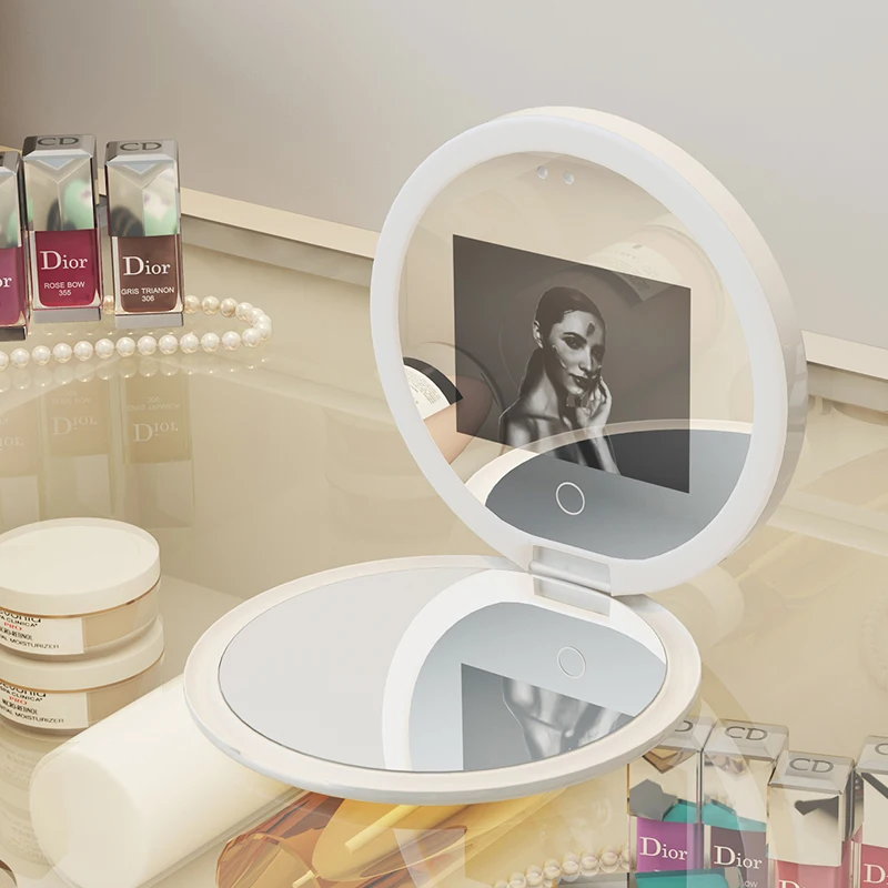 Hand Held Mini  Round Double LED Light Strip Custom Logo Makeup Pocket Mirror with 2X Magnification Glass in carry on luggage