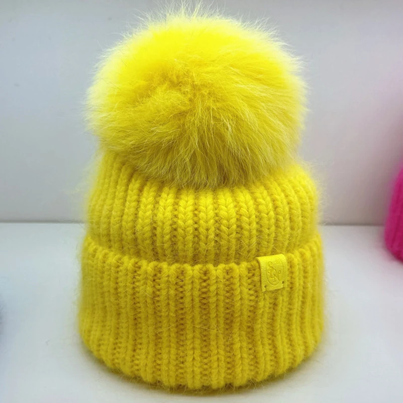 Natural Fox Fur Pompom Beanie Winter Knitted Hats for Women Warm Stripe Wool Beanie Custom Colorful Wide Cuff Skull Hat
