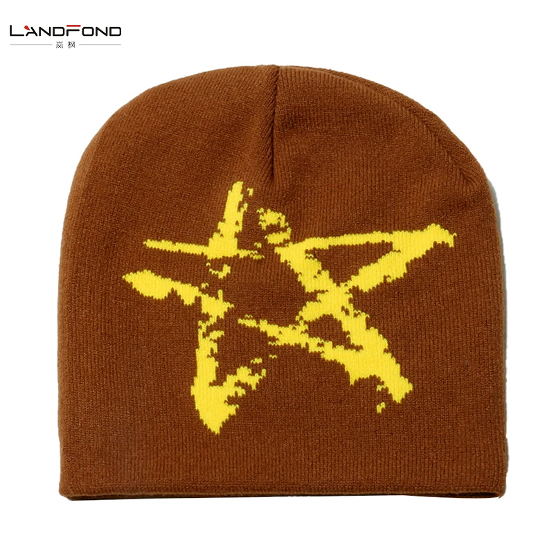 Landfond accessory solid color beanie with color matching star jacquard knitted winter warm beanie hat