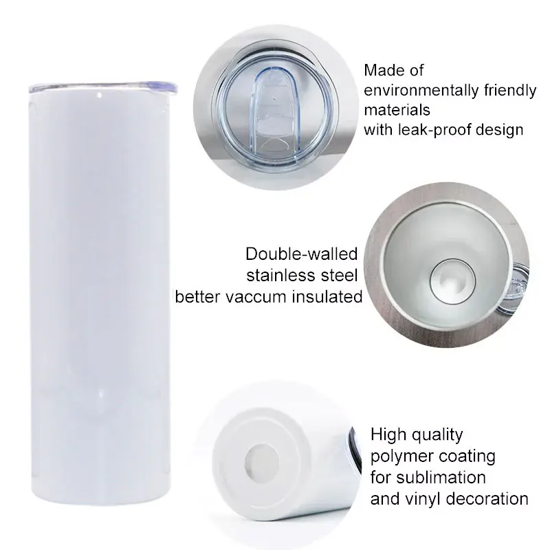 USA Warehouse Stocked Stainless Steel Double Wall insulated 20oz White Straight Slim Sublimation Blanks Tumbler With Straws