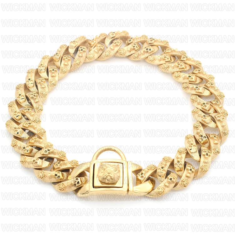 stainless steel chains in antique skull head link bully dog face buckle with hook leather metal luxury dog collar and leash set